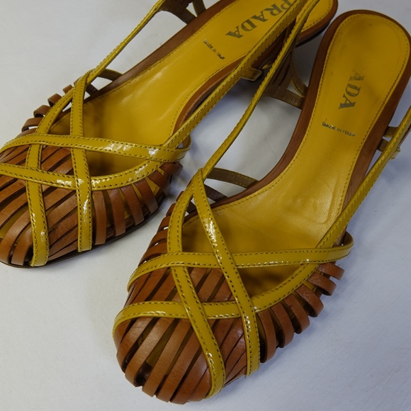 Prada Sling Kitten Heel Patent Golden Yellow Shoe - Picture 4 of 7